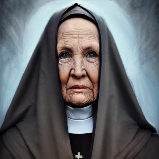 Prompt: an old nun, bishop, symmetric face, hyperrealism, epic fantasy digital art, fantasy style art, by Greg Rutkowski, fantasy magic the gathering card art style