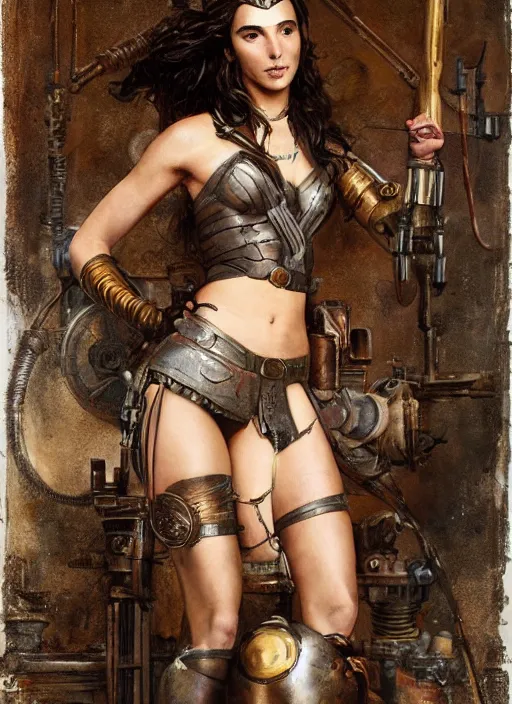 Image similar to highly detailed steampunk gal gadot standing, steel age : leonardo da vinci, greg rutkowski, magali villeneuve