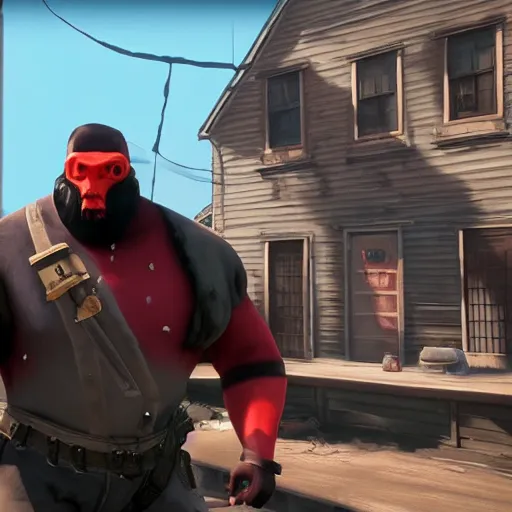 Image similar to Film still of the heavy from team fortress 2 in a town from Red Dead Redemption 2 (2018 video game), concept art