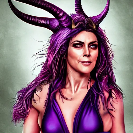 Image similar to illustrated hyper realistic portrait of Elizabeth Hurley as ram-horned devil woman with purple hair, red dress, epic action pose by rossdraws, award winning epic HD photography