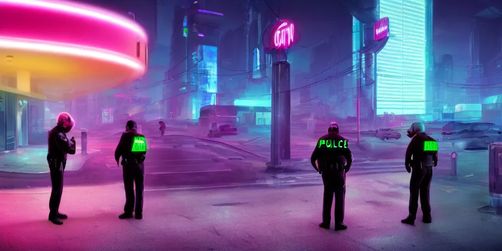Image similar to in the grim cyberpunk neon future the apple inc police stop a pedestrian and check for DRM compliance, dystopian, urban