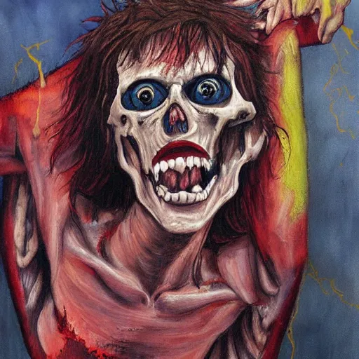 Prompt: death-camp-survivor-super-skinny-emaciated-horribly-skinny-Laughing-Cheerfully-demon painting by Thomas-Montacellinio