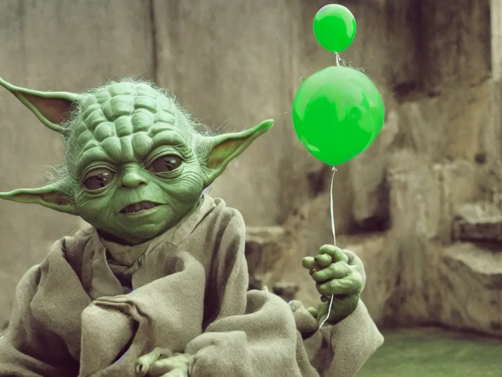 Image similar to a photo of yoda holding a green balloon in the tokyo suburbs by wes anderson, highly detailed, trending on artstation