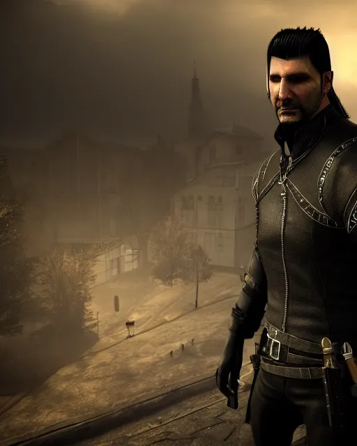 Prompt: adam jensen as geralt of rivia, cinematic, photorealistic, atmosphere, medieval town, fog, high quality, perfect, 8 k high detail, masterpiece, trending on artstation