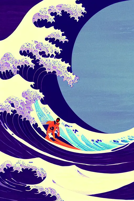 Image similar to a beautiful digital painting of an astronaut surfing the great wave off kanagawa on a purple surboard by greg rutkowski