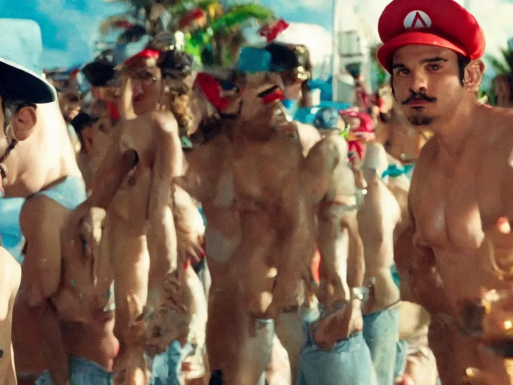 Image similar to Close up of Mario in a hat and Gomez in Harmony Korine Spring Breakers film aesthetic!!! photorealistic