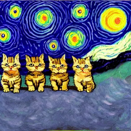 Prompt: van goh a starry night with kittens staring at the moon