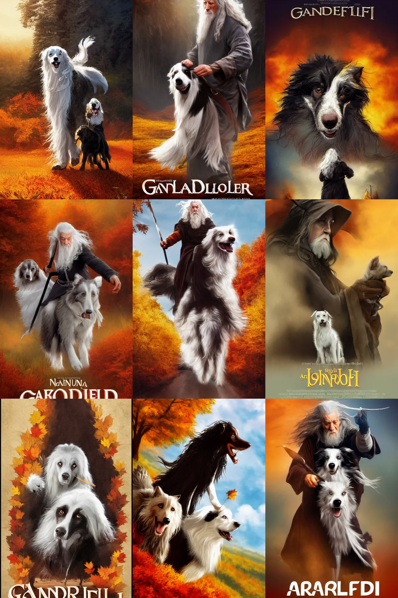 Prompt: movie poster, gandalf riding a border collie, movie poster text, autumn colors, artstation