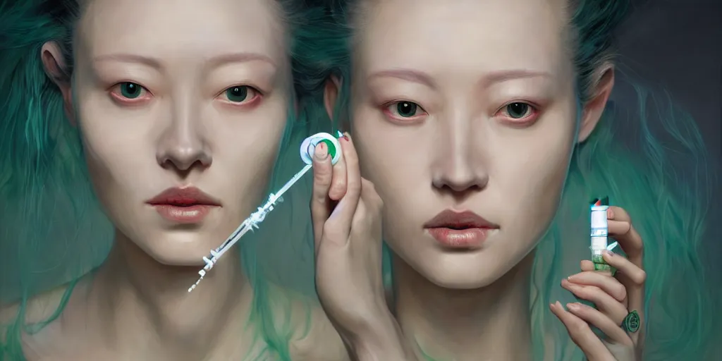 Image similar to hyperrealistic photography of a gorgeous female doctor holding a syringe containing green liquid in the style of jin kagetsu, james jean, chris cunninham, hans bellmer and wlop, highly detailed, face symmetry, masterpiece, award - winning, sharp focus, intricate concept art, ambient lighting, 8 k, artstation