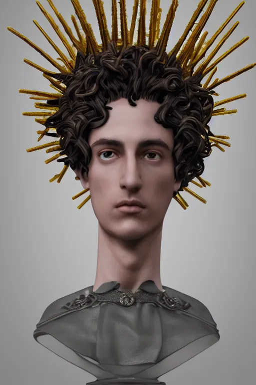 Image similar to a realistic porcelain full-head baroque style bust of handsome young Spanish brunette prince with a spiky hair and a crown made of colored pipecleaners, suspended in outer space, photorealism, octane render, depth of field, 8k, 35mm, artgem, Trending on artstation, padding above head