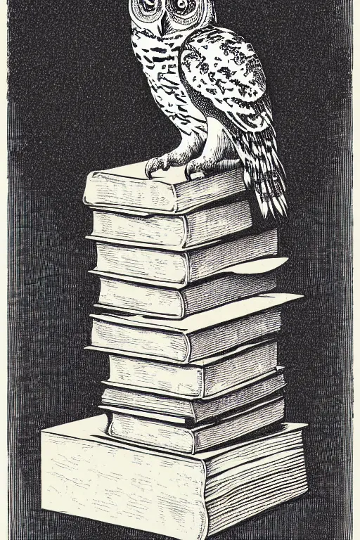 Image similar to owl perched on a stack of books, art by albrecht durer, woodblock print, black and white, vector, vector art