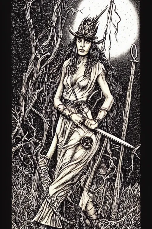 Prompt: dark fantasy, tarot card of the radie peat from the band lankum!!!!!, dark surrealist , fantasy, intricate, elegant, highly detailed, digital painting, artstation, concept art, smooth, sharp focus, illustration, art by Jim Fitzpatrick