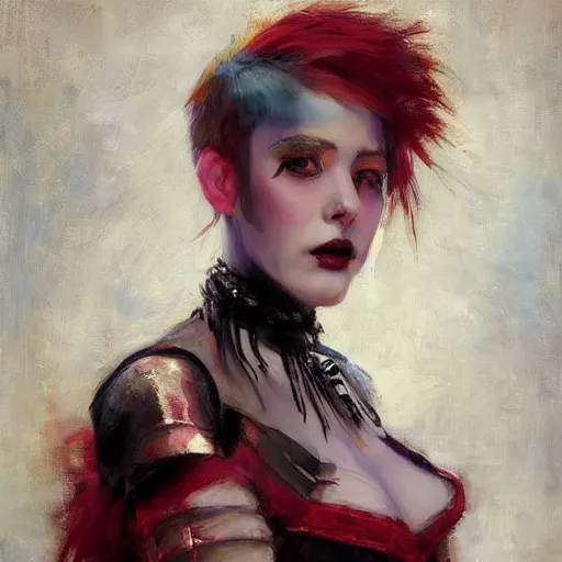 Prompt: Solomon Joseph Solomon and Richard Schmid and Jeremy Lipking victorian genre painting portrait painting of a young beautiful woman punk rock goth with punk rock haircut in fantasy costume, red background