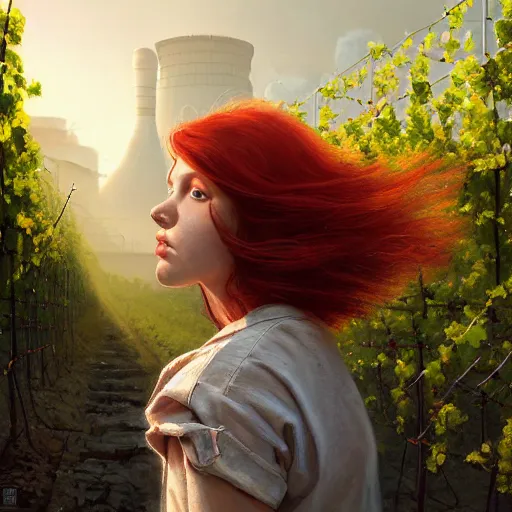 Prompt: red hair girl, chernobyl powerplant!!!, rubble, flowers, vines, hyperrealistic, highly detailed, cinematic, single ray of golden sunlight, beautiful, cgssociety, artstation, 8 k, oil painting by greg rutkowski, by artgerm, by wlop