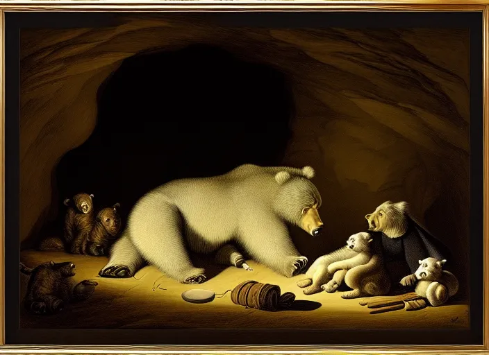 Image similar to Pieter Claesz's 'bear and her cubs sleeping in a dark cave lit by campfire', night time, cross hatching, framed