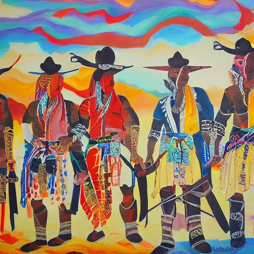 Image similar to Mural painting from a culture inspired by cowboys, Tuaregs and samurais