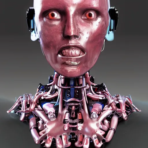 Image similar to as android of the new flesh with invasive cybernetic implants and viral infection, award winning digital art realistic