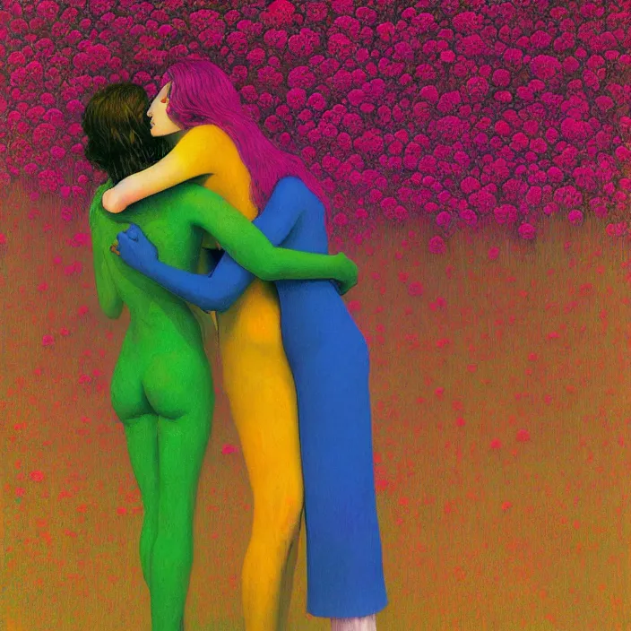 Image similar to portrait of women hugging made of colorful rainbow fractal flowers hugging Edward Hopper and James Gilleard, Zdzislaw Beksinski, highly detailed