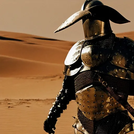 Prompt: an armored knight dressed as a pirate in the desert, film still, cinematic composition