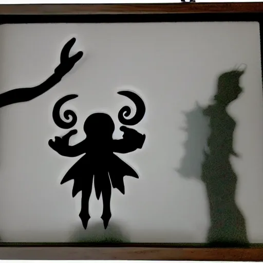 Image similar to ricepaper shadowbox with menacing mind flayer puppet, rampaging silhouette manhattan, backlit