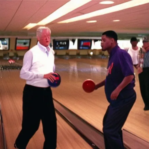 Prompt: Bill Clinton shooting Will Smith in a bowling