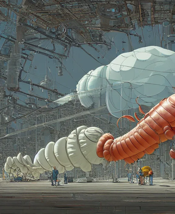 Image similar to inflated industrial plant made from obese isopod lobster octopus, in the style of puffy spaceship, giant botany, partly cloudy, spooky, dramatic lighting, by geof darrow, bill sienkiewicz, dan mumford, yusuke murata, makoto shinkai, ross tran, cinematic, unreal engine, cel shaded, featured on artstation, pixiv