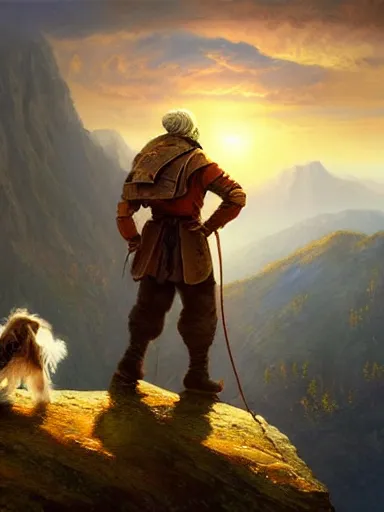 Prompt: an adventurer with his dog. near a precipice the sun and mountains on the background., intricate, elegant, highly detailed, digital painting, artstation, concept art, sharp focus, illustration, by justin gerard and artgerm, 8 k