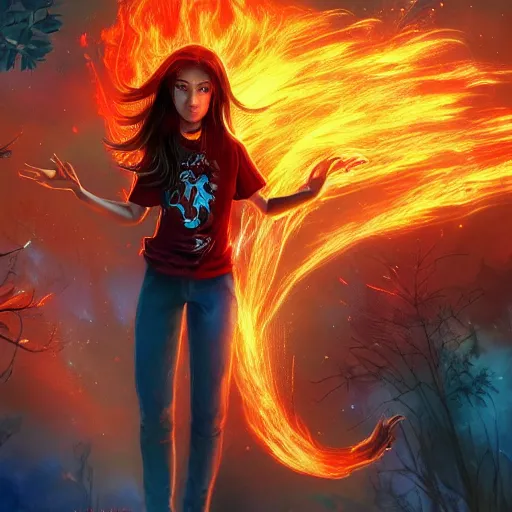 Prompt: magical astonishing dark forest is protected by an indigenous girl with a red-sleeved T-shirt using jeans, her hair glows on fire as she protects the forest with her fire powers, and her eyes are pure fire. trending on artstation, splash art hyper-detailed, 4K