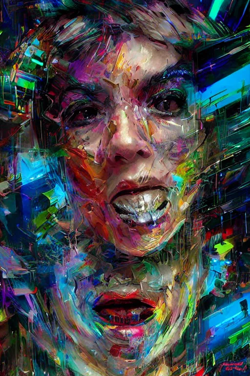 Image similar to portrait, headshot, digital painting, an delightfully mad techno - shaman lady, wink, synthwave, swirly bokeh, glitch, refraction, fracture, realistic, hyperdetailed, chiaroscuro, concept art, madness, art by john berkey