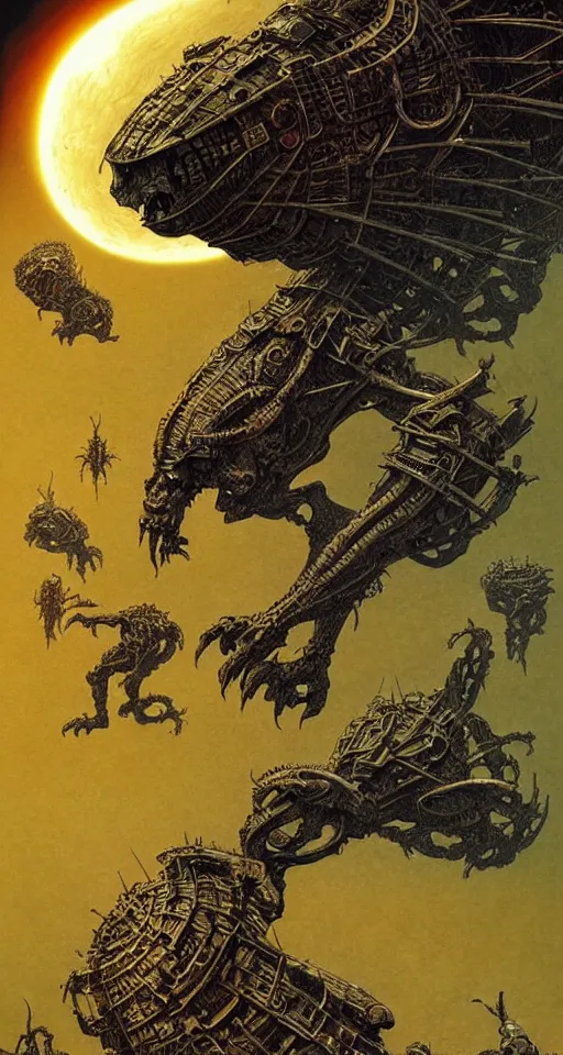 Image similar to stride across their bones, close up, concept art, intricate details, highly detailed, vintage sci - fi poster, in the style of chris foss, rodger dean, moebius, michael whelan, and gustave dore