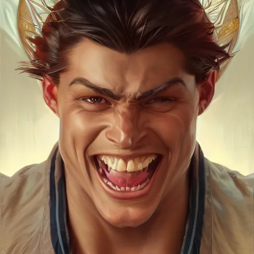 Image similar to character concept, portrait, symmetrical head - on centralized, laughing young man with strong body. detailed, high quality, dynamic lightning, fantasy, scenematic. artwork by artgerm, wlop, alex ross, greg rutknowski, alphonse mucha