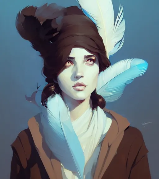 Image similar to portrait of beautiful mage, feathers, by atey ghailan, by greg rutkowski, by greg tocchini, by james gilleard, by joe fenton, by kaethe butcher, dynamic lighting, gradient light blue, brown, blonde cream and white color scheme, grunge aesthetic