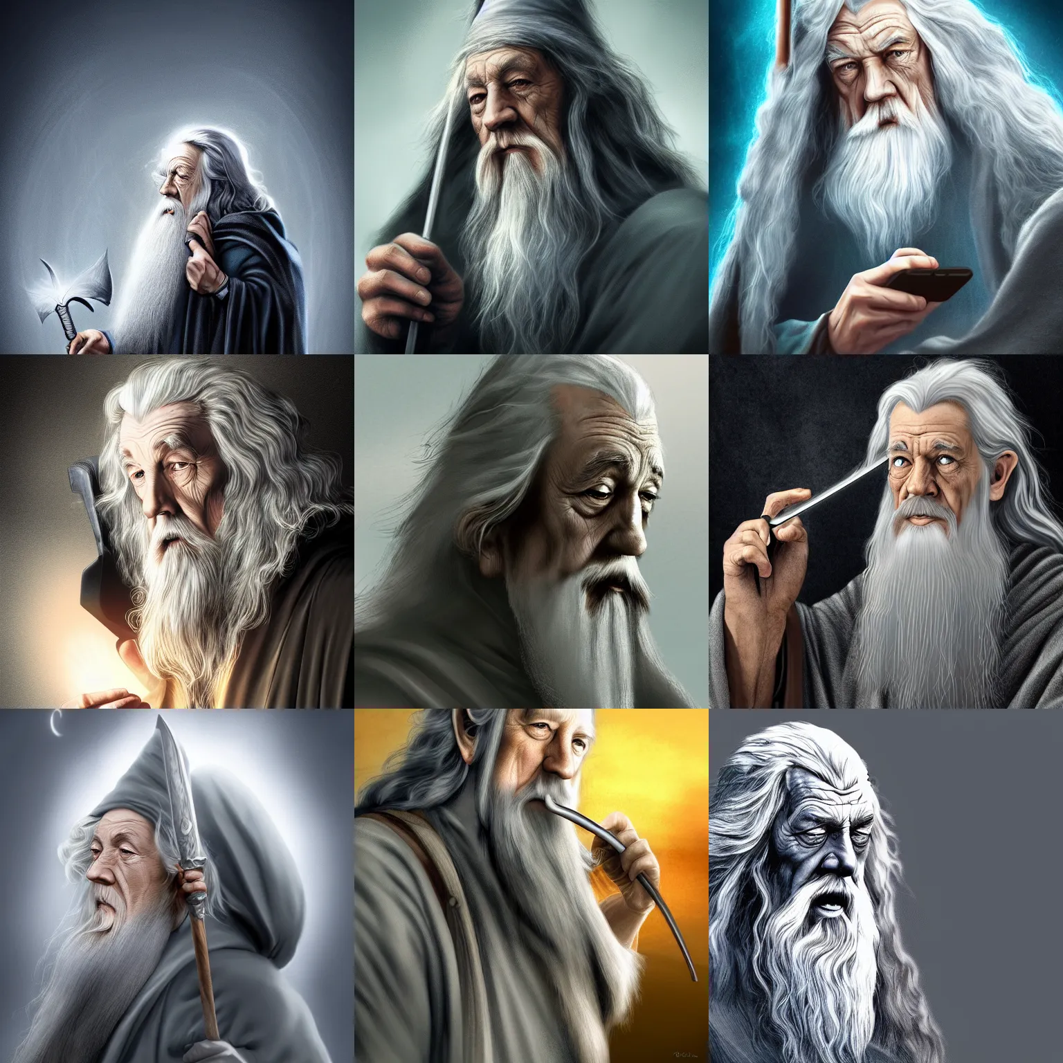 Prompt: Gandalf the Grey having a phone call, dark fantasy, digital art, 4k