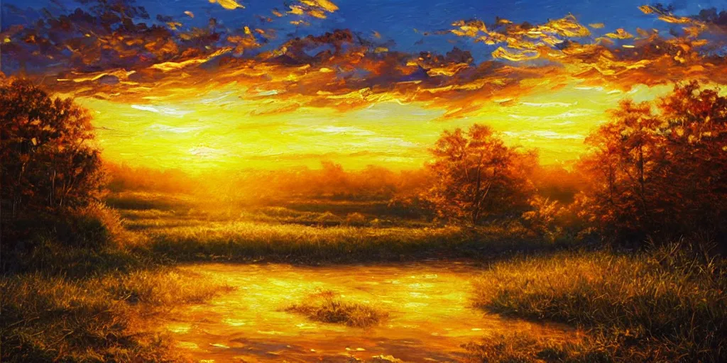 Prompt: golden hour nature landscape, oil painting, ultra realistic, highly detailed, hd, sharp focus, cinematic lighting, warm colors, realistic, photorealistic, vivid colors, painting, non blurry, sharp, smooth, illustration