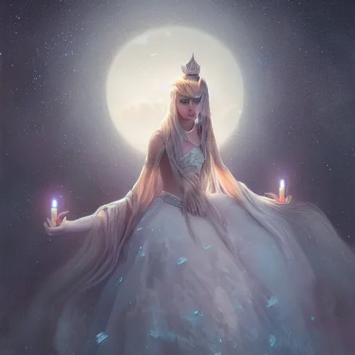 Image similar to a beautiful digital painting of a princess, princess, the moon behind her, intricate, cinematic lighting, highly detailed, digital painting, concept art, smooth, sharp focus, illustration, art by tom bagshaw, artgerm and greg rutkowski - 1 0 0 k