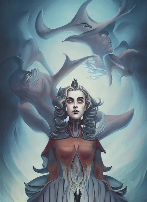 Image similar to Twin Peaks artwork Kiernan Shipka dressed as satanist by Peter Mohrbacher