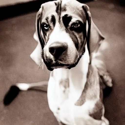 Prompt: photo of a hound dog with red eyes, vintage camera