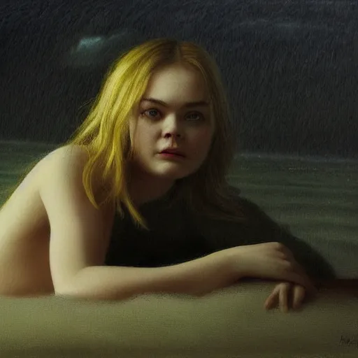 Prompt: Elle Fanning at night, stormy weather, extremely detailed masterpiece, illustration, by Michael Sowa,