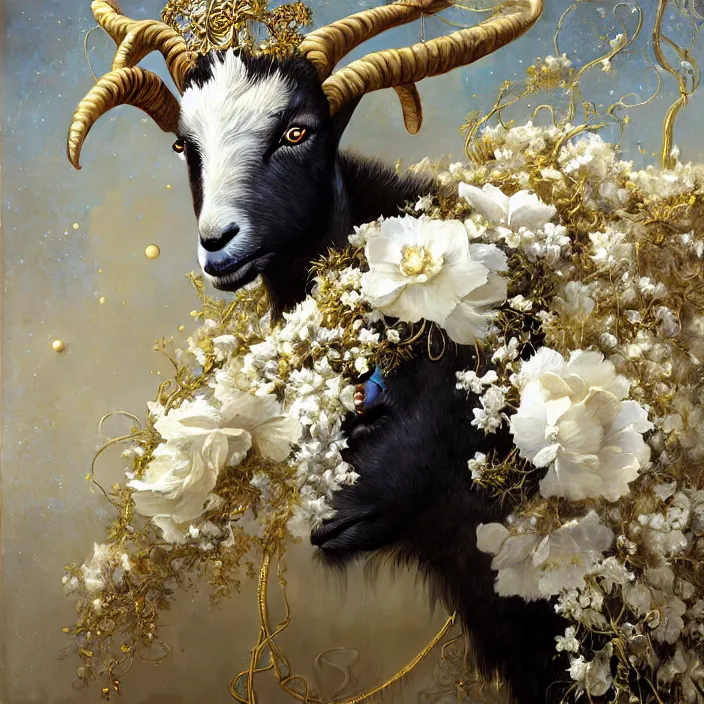 Image similar to hyperrealist portrait of a 2 0 4 4 space sport goat, it is decorated with long gold wires and white flowers that fall like vines and wears a huge computer crown. by jeremy mann and alphonse mucha, fantasy art, photo realistic, dynamic lighting, artstation, poster, volumetric lighting, dramatic light, very detailed faces, 8 k, award winning