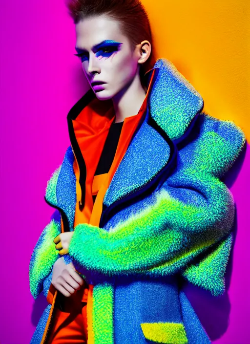 Image similar to stylish coat for a rave, bright colors, many details, prints, photo for a magazine, photo for a store, fashion photography, Vogue, 135 mm, cinematic, hyper realism, high detail, octane render, 8k, chrome accents, very coherent symmetrical artwork, perfect face model, full length photo, Upper and lower body, even skin tone,Soft shadows on the face