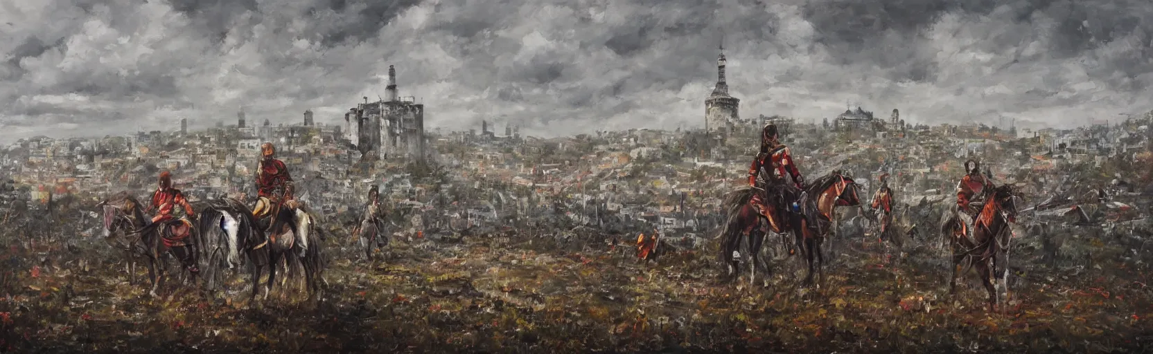 Image similar to horseback knights at scenic overlook; cloudy, grey skies, large tents foreground, walled fortress city deteriorating office buildings in background on hill; la Bastille, post apocalyptic, grungy; oil on canvas, artstation, colorful