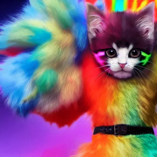 Image similar to wide angle full body, jacket wearing fluffy cute rainbow kitten wearing a black leather motorcycle jacket, cinematic concept art