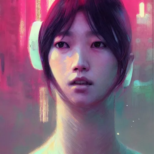 Prompt: lee jin - eun emerging from pink water in cyberpunk theme by greg rutkowski, claude monet, conrad roset, takato yomamoto, frederick edwin church, rule of thirds, seductive look, beautiful, refined, masterpiece, complex face anatomy