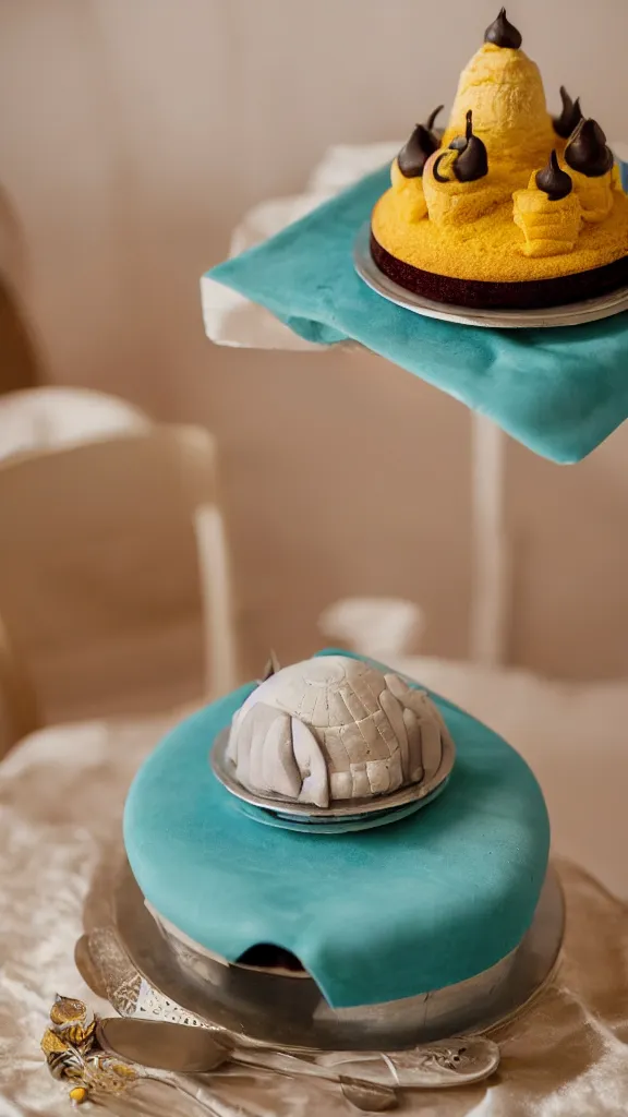 Prompt: a cake in the shape of a nuclear bomb, on a velvet table cloth, soft focus