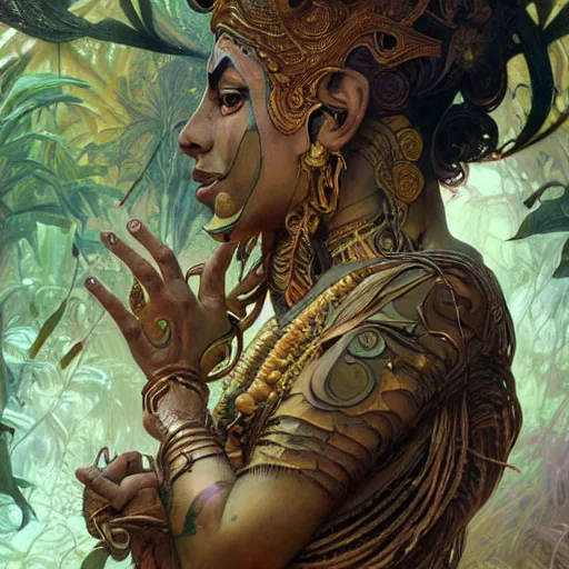 Image similar to A hindu god, artists portrait, biomechanical, wild jungle, fantasy, highly detailed, digital painting, concept art, sharp focus, depth of field blur, illustration, art by artgerm and greg rutkowski and alphonse mucha