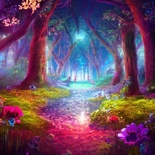 Image similar to An enchanted forest, colorful flowers, pathway, reflection, moonlight, fantasy scene, clear sky, illustration, depth of field, ruins, soft light, high definition, detailed, 8k, Artstation, fantasy art