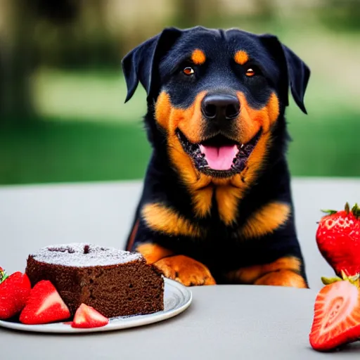 Prompt: a high - quality photo of a cute rottweiler with a half - eaten strawberry cake, 4 5 mm, f 3. 5, sharpened, iso 2 0 0, raw,