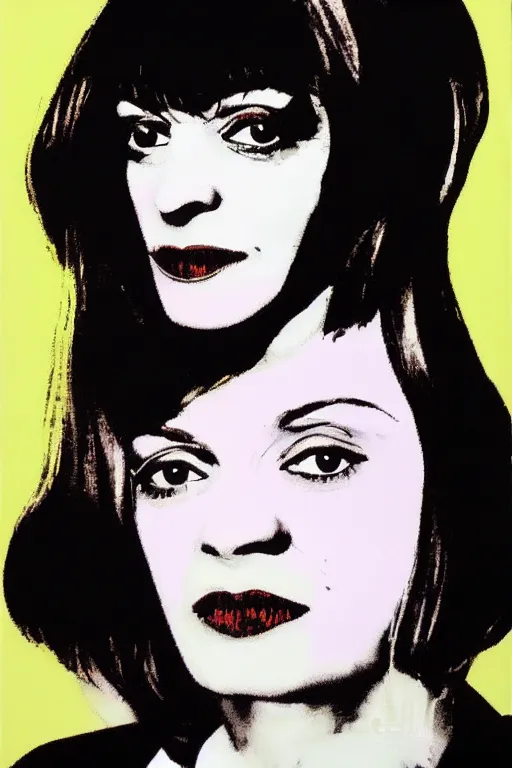 Image similar to mia wallace from pulp fiction painted by andy warhol