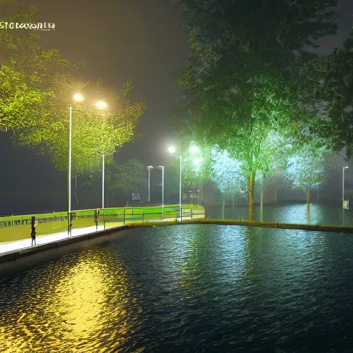 Prompt: night photo realistic park drowned in water with lots of lights at night, trending on artstation