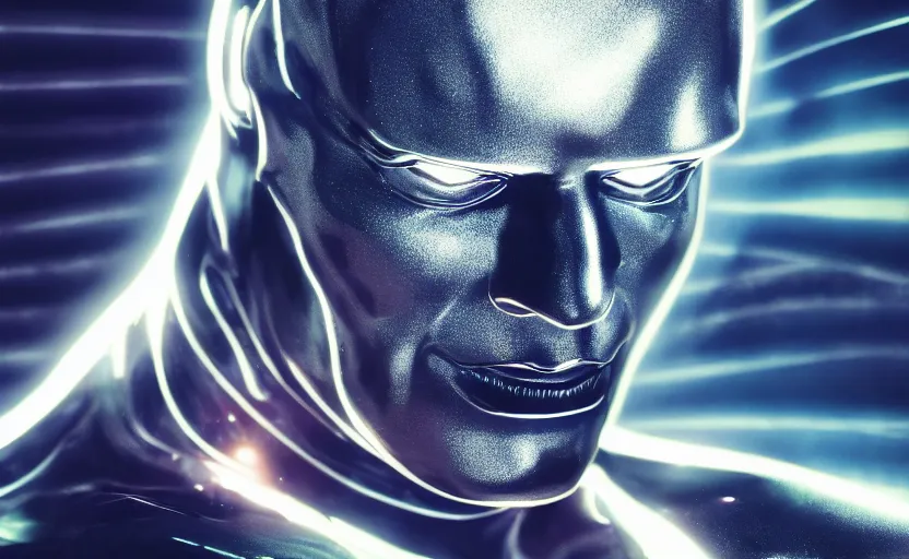 Image similar to silver surfer by bill sienkiewicz, unintentional mystique, macro up view metallic, tron, close up bokeh hiperrealistic neon glow darkness dramatic neon, sharp focus, octane render, imax